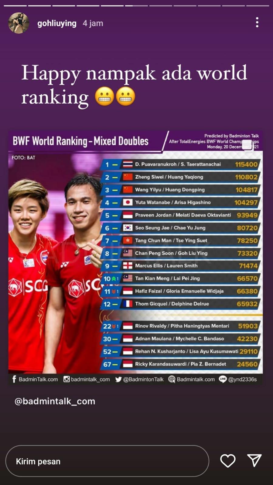 Goh Liu Ying girang namanya masih ada di 8 besar ranking BWF Copyright: Instagram/@gohliuying