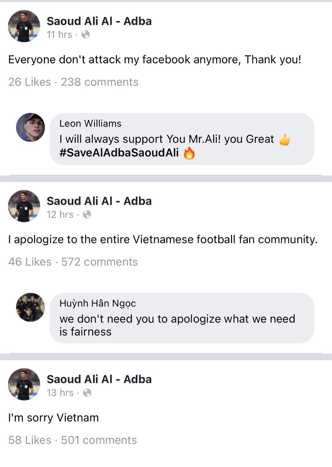 Wasit Saoud Al-Abda meminta maaf kepada fans timnas Vietnam Copyright: Twitter/@Fandom_ID