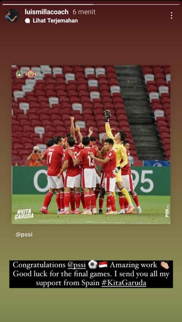 Timnas Indonesia saat melawan Singapura di leg 2. Copyright: Instastory@luismillacoach