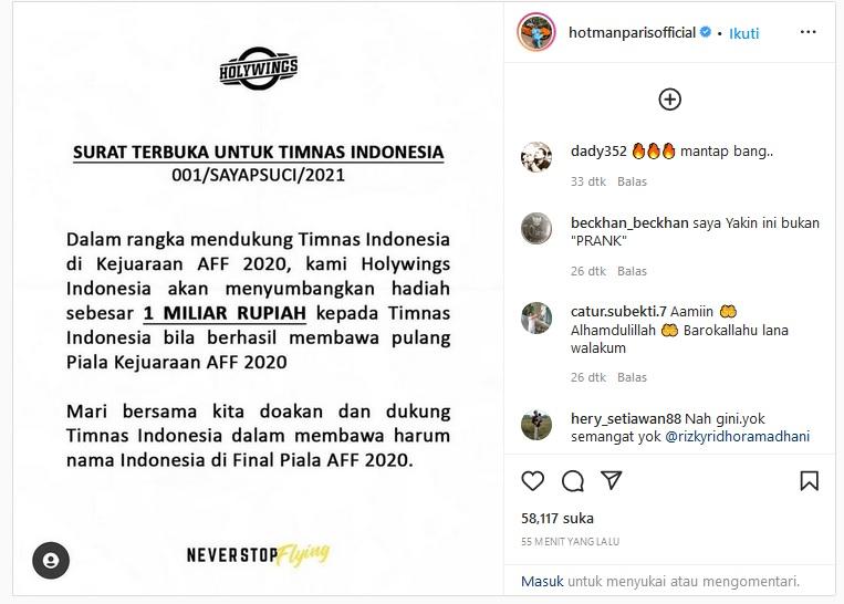 Hotman Paris bakal beri bonus Rp1 miliar untuk Timnas Indonesia jika menang Piala AFF 2020 Copyright: Instagram/@hotmanparisofficial