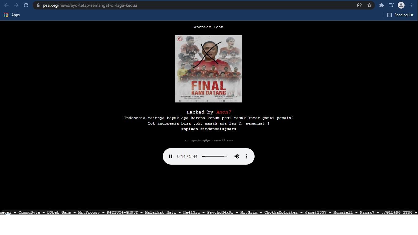 Website PSSI dihack oleh seseoran pasca Timnas Indonesia takluk dari Thailand, Rabu (29/12/21). Copyright: Website PSSI