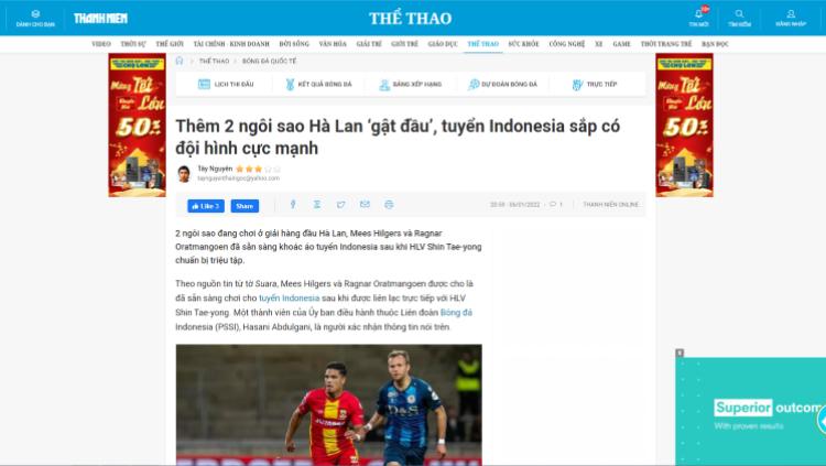 Media Vietnam Gempar Usai Dua Bintang Eropa Siap Gabung Timnas Indonesia Copyright: thanhnien.vn