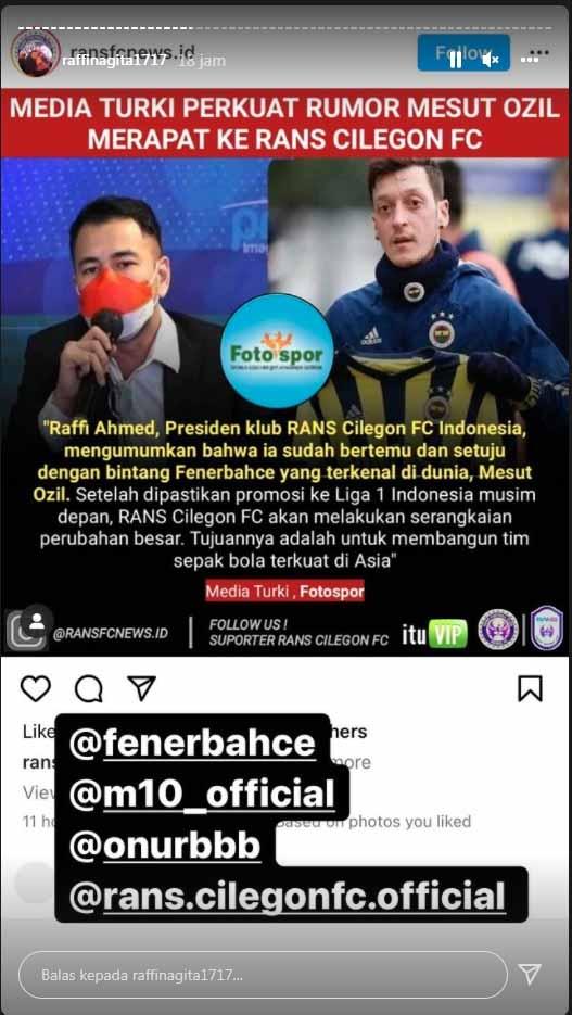 RANS Cilegon disorot Media Turki, Raffi Ahmad colek Mesut Ozil. Copyright: Instastory@raffinagita1717