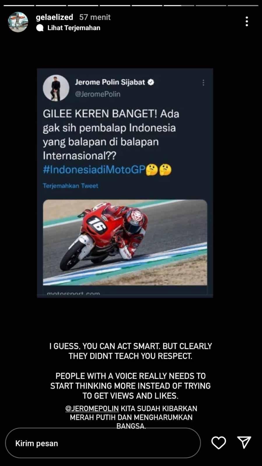 Sean Gelael semprot Jerome Polin yang dianggap yang kurang apresiasi perjuangan pembalap Indonesia di kancah dunia. Foto: Instastory@gelaelized Copyright: Instastory@gelaelized