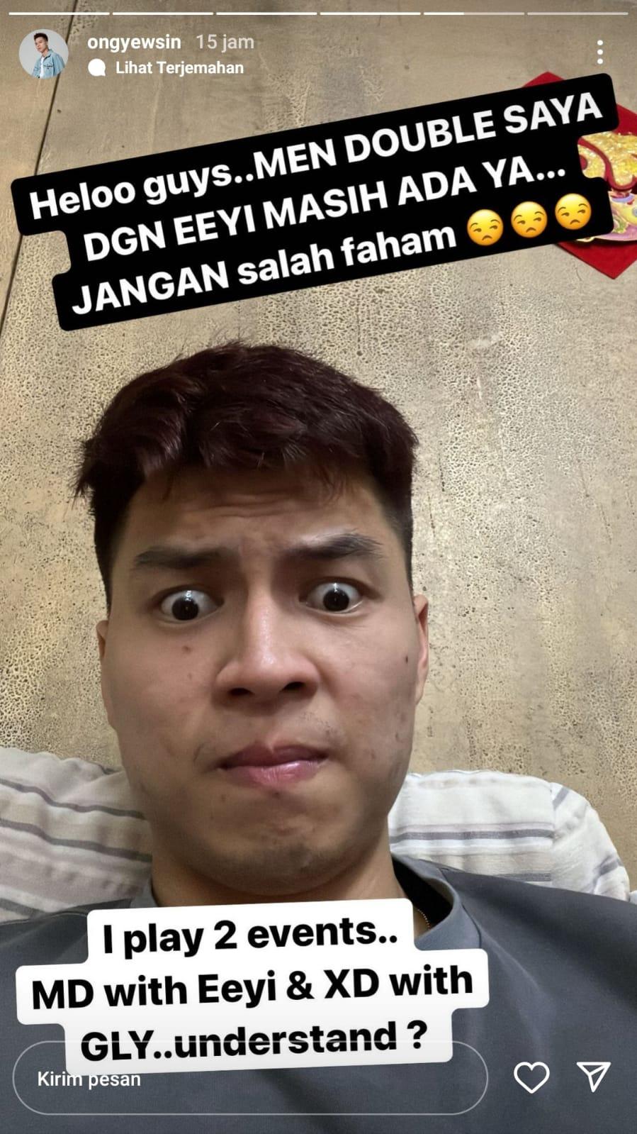 Ong Yew Sin konfrimasi dirinya tetap bermain rangkap Copyright: Instagram/@ongyewsin