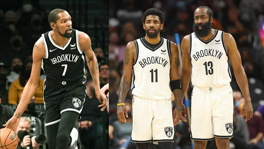 Pemain basket Brooklyn Nets, Kevin Durant, Kyrie Irving dan James Harden. Foto: REUTERS/Dennis Schneidler/Mark J Rebilas-USA TODAY Sports