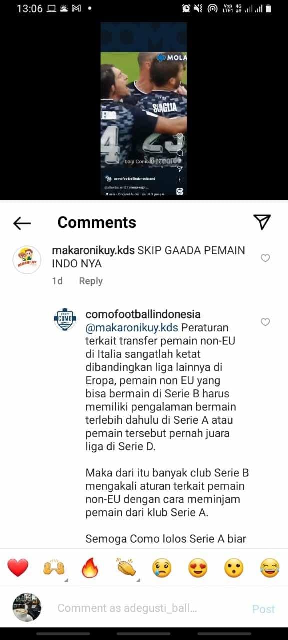 Jawaban Klub Italia, Como 1907 saat ditanya tidak memakai jasa pemain Indonesia. Foto: Instagram@comofootballindonesia Copyright: Instagram@comofootballindonesia