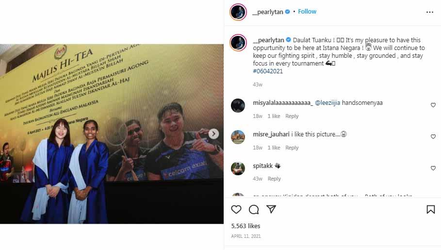 Pebulutangkis asal Malaysia, Pearly Tan/Thinaah Muralitharan. Foto: Instagram@pearlytan