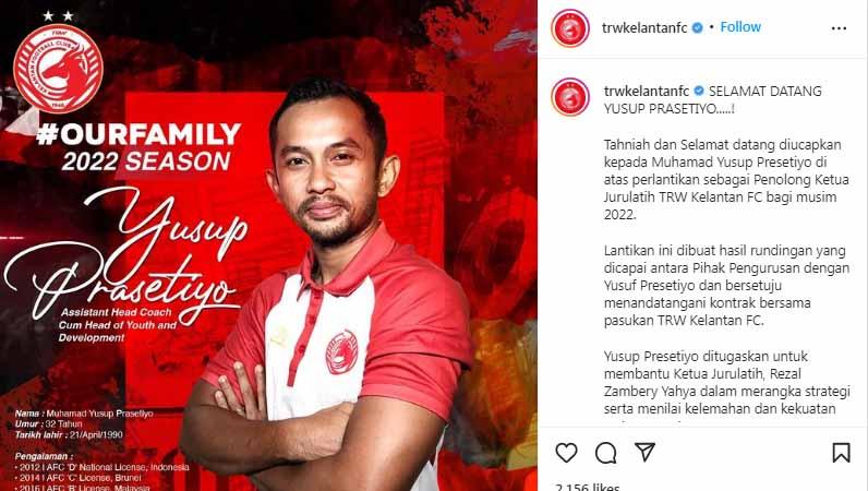 Muhamad Yusup Prasetiyo, resmi direkrut klub Malaysia. Foto: Instagram@trwkelantanfc - INDOSPORT
