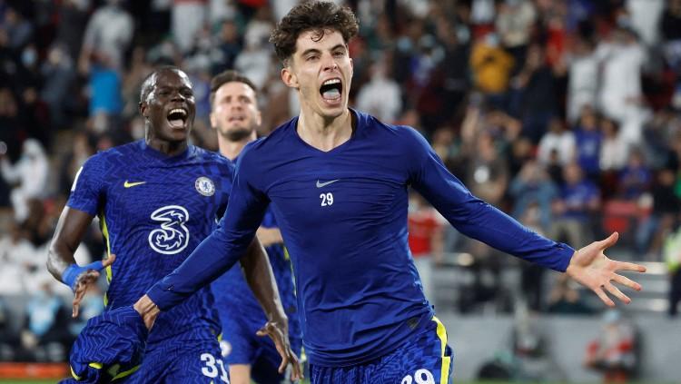 Kai Havertz merayakan gol penentu kemenangan Chelsea di final Piala Dunia Antarklub (13/02/22). (Foto: REUTERS/Suhaib Salem) Copyright: REUTERS/Suhaib Salem