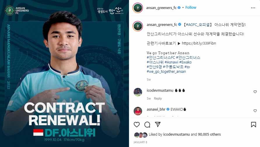 Bintang Timnas Indonesia, Asnawi Mangkualam, dipastikan masih masuk dalam daftar pemain Ansan Greeners untuk kompetisi K-League 2023. Foto: Instagram@ansan_greeners_fc