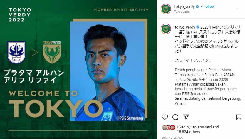 Pratama Arhan gabung klub Liga 2 Jepang Tokyo Verdy. Foto: Instagram@tokyo_verdy