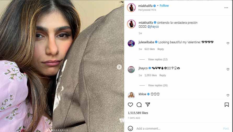 Mantan bintang film dewasa, Mia Khalifa, turut melakukan hal yang sama dengan fans Celtic yakni memberikan dukungan untuk Palestina. Foto: Instagram@miakhalifa