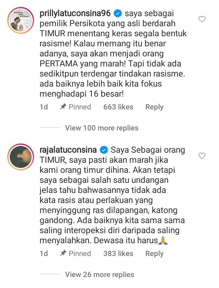 Pernyataan Prilly Latuconsina di akun Persikota Tangerang. Copyright: Instagram/persikotafc1994