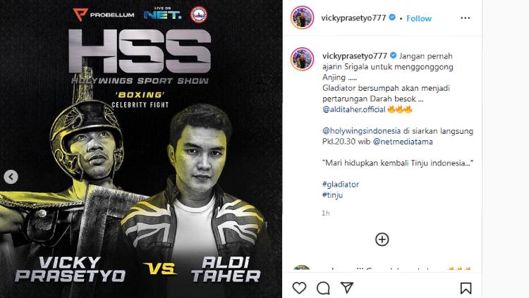Beginilah detik-detik saat Aldi Taher lari terbirit-birit menghindari Vicky Prasetyo yang hendak melayangkan pukulan di ajang tinju Holywing Sport Show.