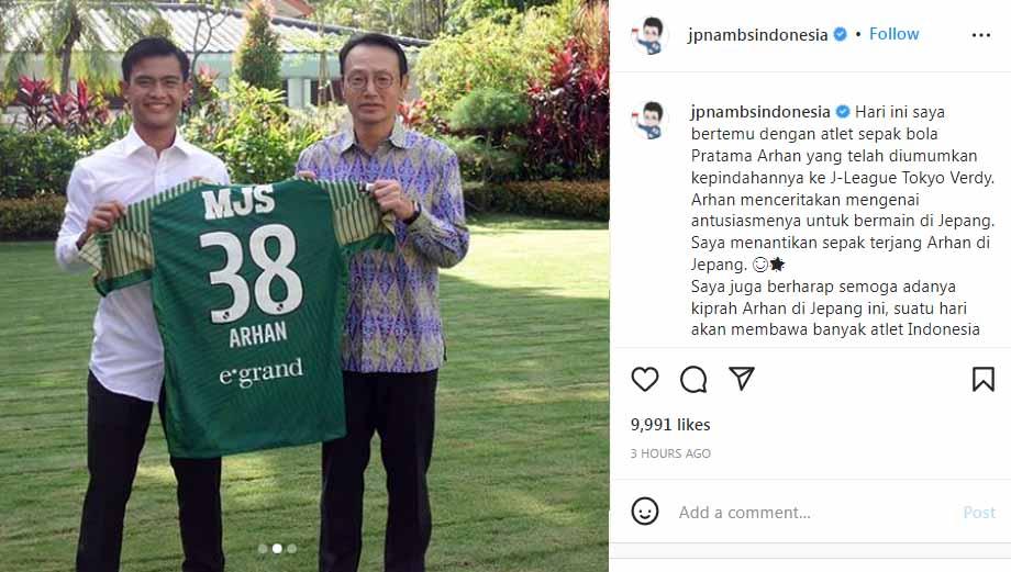 Pratama Arhan mengunjungi Duta Besar Jepang untuk Indonesia setelah bergabung dengan Tokyo Verdy. Foto: Instagram@jpnambsindonesia