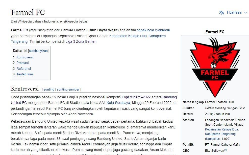 Profil Farmel FC yang diubah netizen di situs Wikipedia Copyright: Wikipedia