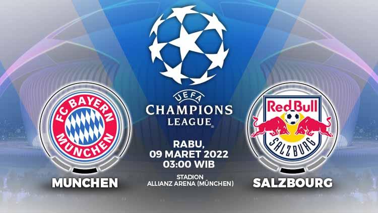Berikut prediksi pertandingan Liga Champions antara Bayern Munchen vs RB Salzburg yang akan digelar pada Rabu (09/03/22) pukul 03.00 WIB.