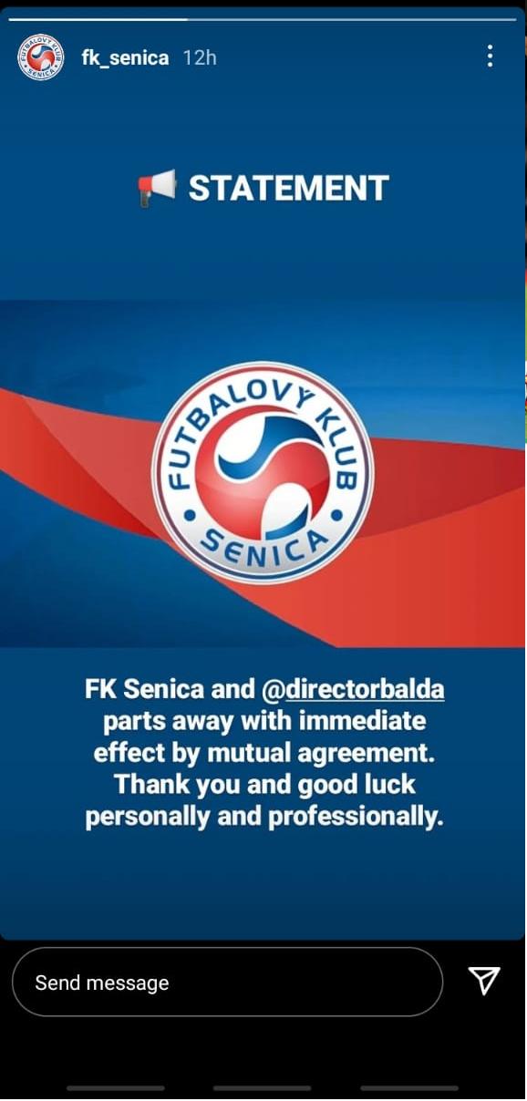 FK Senica umumkan resmi berpisah dengan Direktur David Balda Copyright: FK_Senica