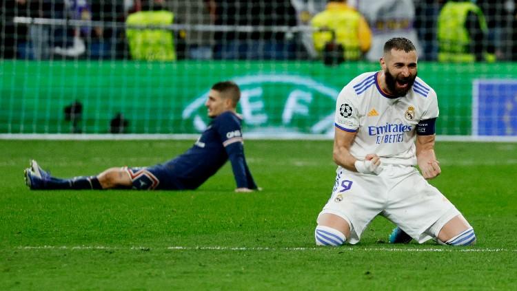 Karim Benzema ladeni psy war Mohamed Salah jelang final Liga Champions 2021/2022 antara Real Madrid vs Liverpool. (Foto: REUTERS/Susana Vera)