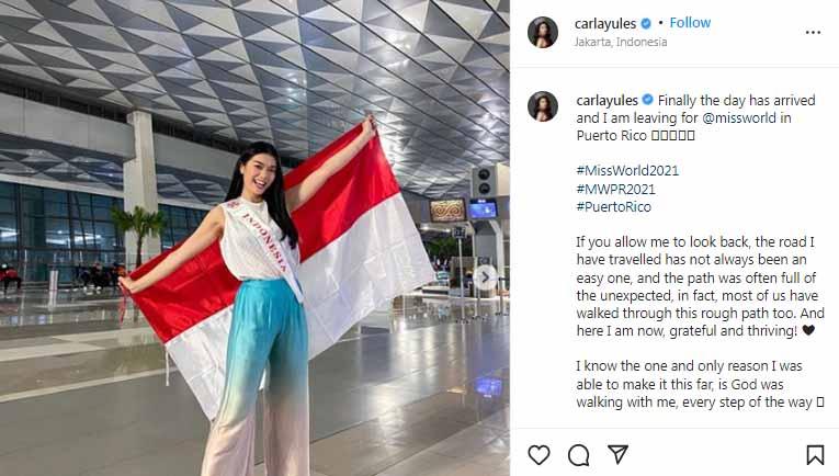 Bangga! Miss Indonesia, Carla Yules, masuk jajaran top 6 Miss World 2021 yang digelar di San Juan, Puerto Rico, Kamis (17/03/22) pagi waktu Indonesia. Foto: Instagram@carlayules - INDOSPORT