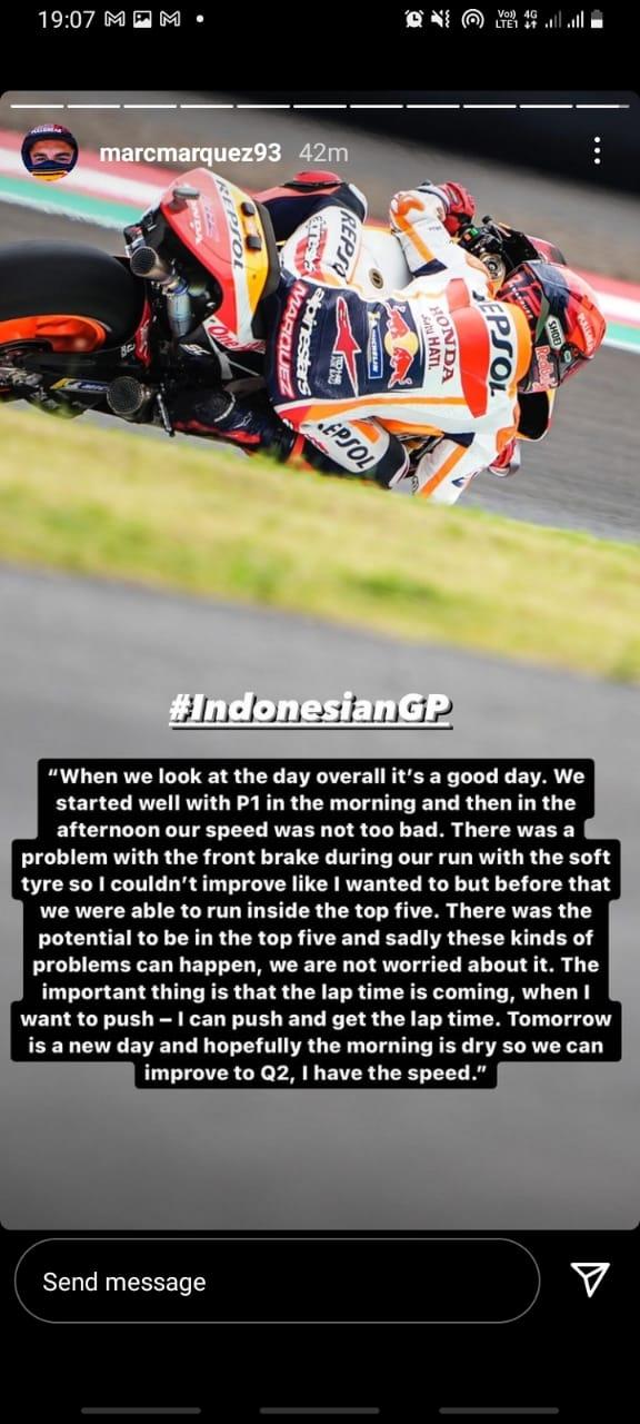 Sempat alami kecelakaan, Marc Marquez siap jalani sesi kualifikasi MotoGP Mandalika. Copyright: Instastory@marcmarquez93