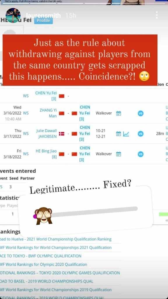 Komen Lauren Smith soal mundurnya He Bingjiao tanpa alasan di All England. Foto: Instastory@laurensmith Copyright: Instastory@laurensmith