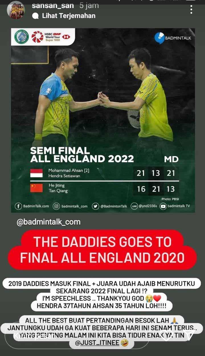 Sandiani Arief, Istri Hendra Setiawan. Foto: Instastory@sansan_san Copyright: Instastory@sansan_san