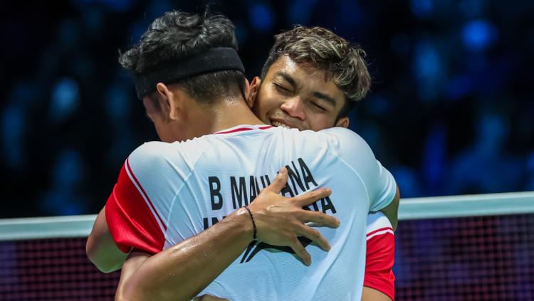 Selebrasi Ganda Putra Bulutangkis Indonesia, Bagas Maulana/Muhammad Shohibu Fikri Usai Juara All England 2022