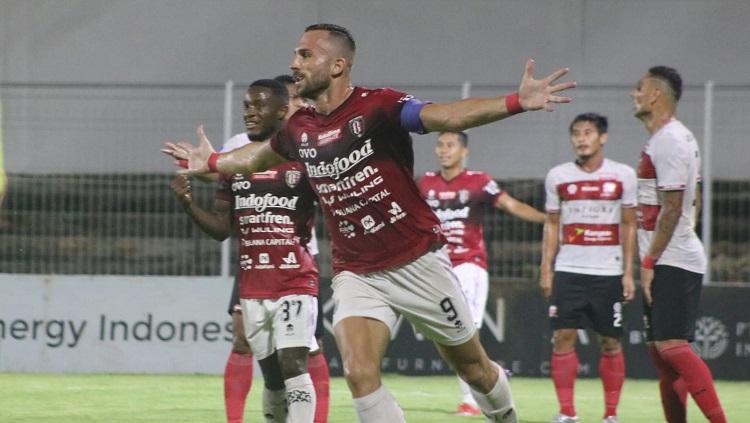 Selebrasi Ilija Spasojevic.di Laga Madura United vs Bali United (Nofik Lukman Hakim/INDOSPORT)