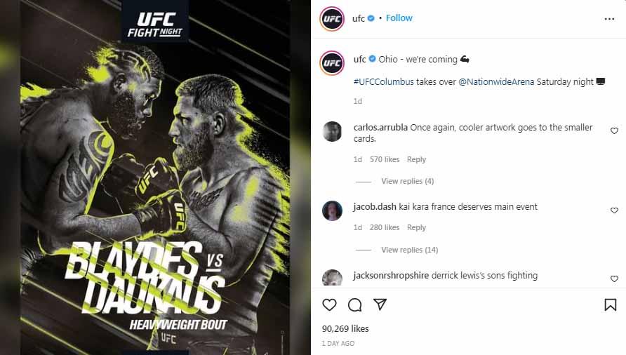 Petarung Blaydes vs Daukaus di UFC Columbus. Foto: Instagram@UFC - INDOSPORT