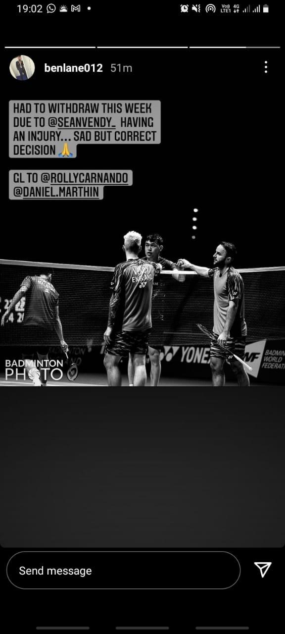 Curhat Ben Lane soal cedera di Swiss Open 2022. Copyright: Instagram/benlane012