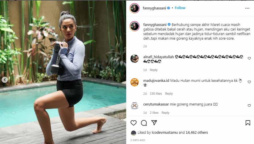 Tetap bugar dan langsing memesona, artis kondang Tanah Air, Fanny Ghassani, bagi tips ke followers-nya untuk aktif membakar kalori saat puasa Ramadan.