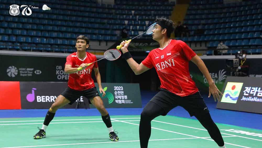 Indosport - Pasangan ganda putra Indonesia, Muhammad Shohibul Fikri dan Bagas Maulana di Korea Open 2022. Foto: PBSI