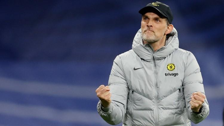 Pelatih Chelsea, Thomas Tuchel kala berselebrasi di laga kontra Real Madrid (13/04/22). (Foto: Reuters/Paul Childs)