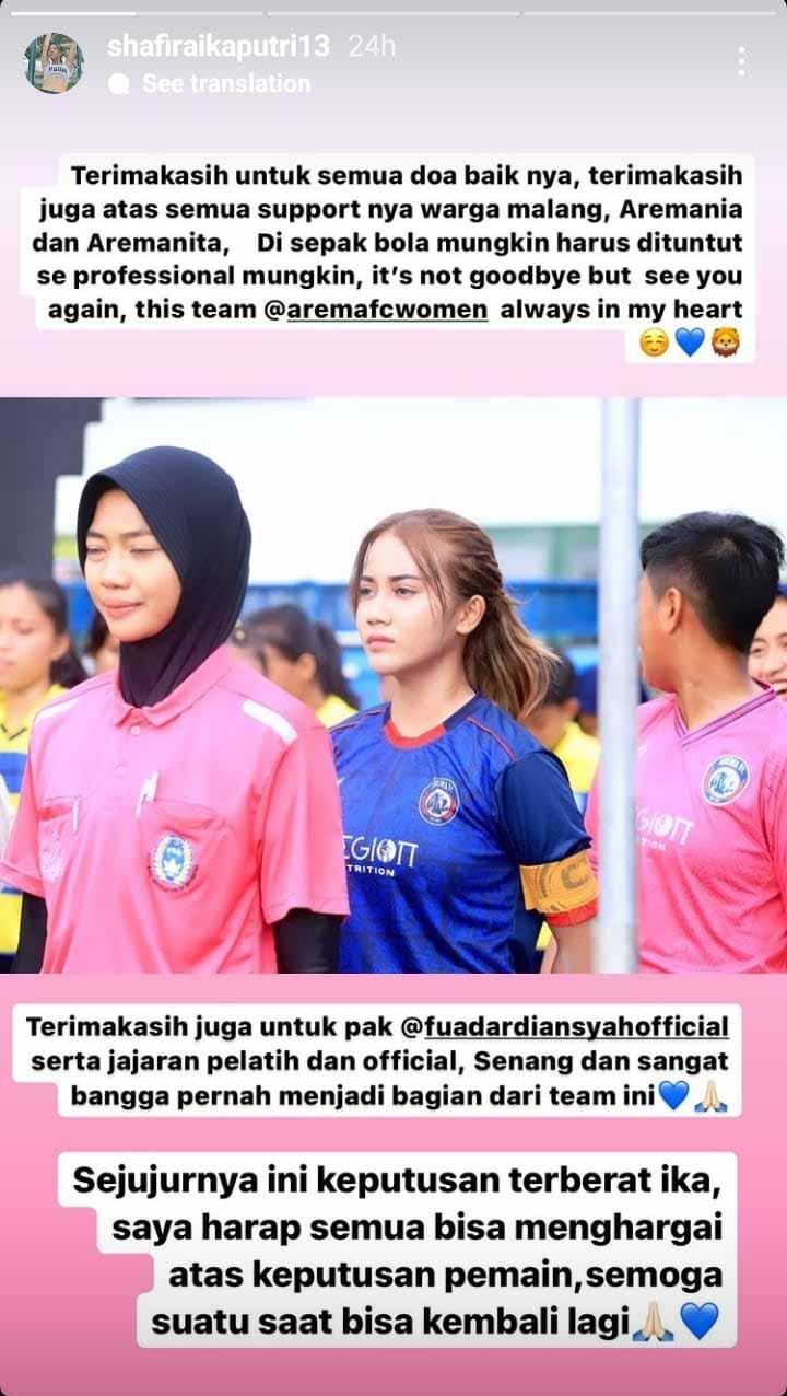 Tinggalkan Arema FC, Ke Mana Bek Cantik Shafira Ika Putri Berlabuh? Foto: Instastory@shafiraikaputri13 Copyright: Instastory@shafiraikaputri13