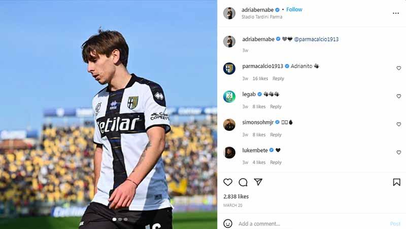 Adrian Bernabe memang akan AC Milan beli pada bursa transfer musim panas mendatang namun setelah itu akan langsung dipinjamkan lagi ke Parma di Serie B. Foto: Instagram@adriabernabe