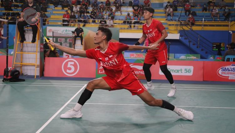 Ganda putra Indonesia, Bagas Maulana/Muhammad Shohibul Fikri, mengaku tidak tahu alasan mereka langsung tumbang di babak pertama Hylo Open 2022. Foto: PBSI.