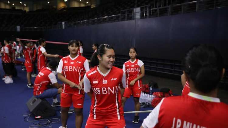 Tim Indonesia menjajal lapangan Impact Arena jelang Piala Thomas dan Uber 2022.