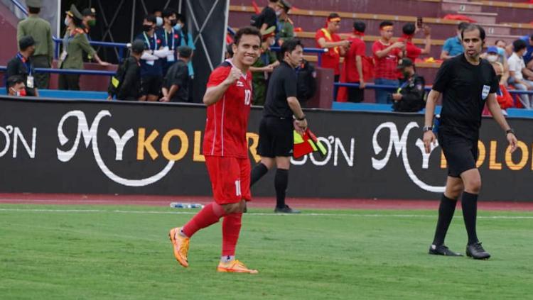 Selebrasi pemain Timnas Indonesia U-23, Egy Maulana Vikri usai mencetak gol ke gawang Filipina pada pertandingan ketiga fase grup A SEA Games 2021 di Stadion Viet Tri, Vietnam, Jumat (13/05/22). Foto: Bandung Saputra/PSSI