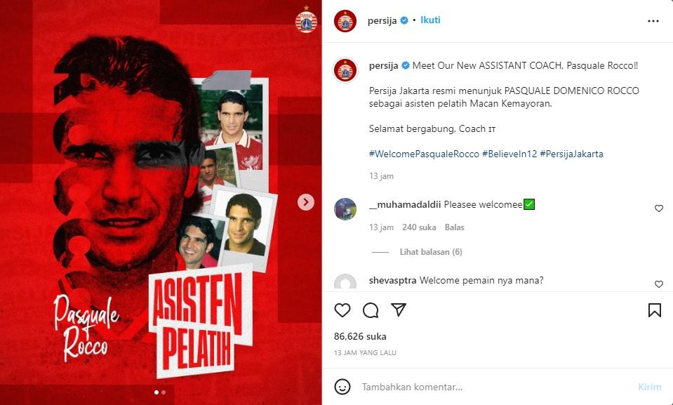 Klub Liga 1, Persija Jakarta, berharap hasil maksimal setelah merekrut staf kepelatihan Pasquale Rocco yang sudah malang melintang di Liga Italia. (Foto: Instagram@persija)