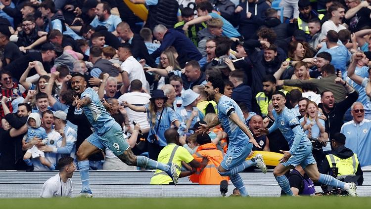 Ilkay Gundogan merayakan golnya di laga Liga Inggris Manchester City vs Aston Villa ( Action Images via Reuters/Jason Cairnduff)