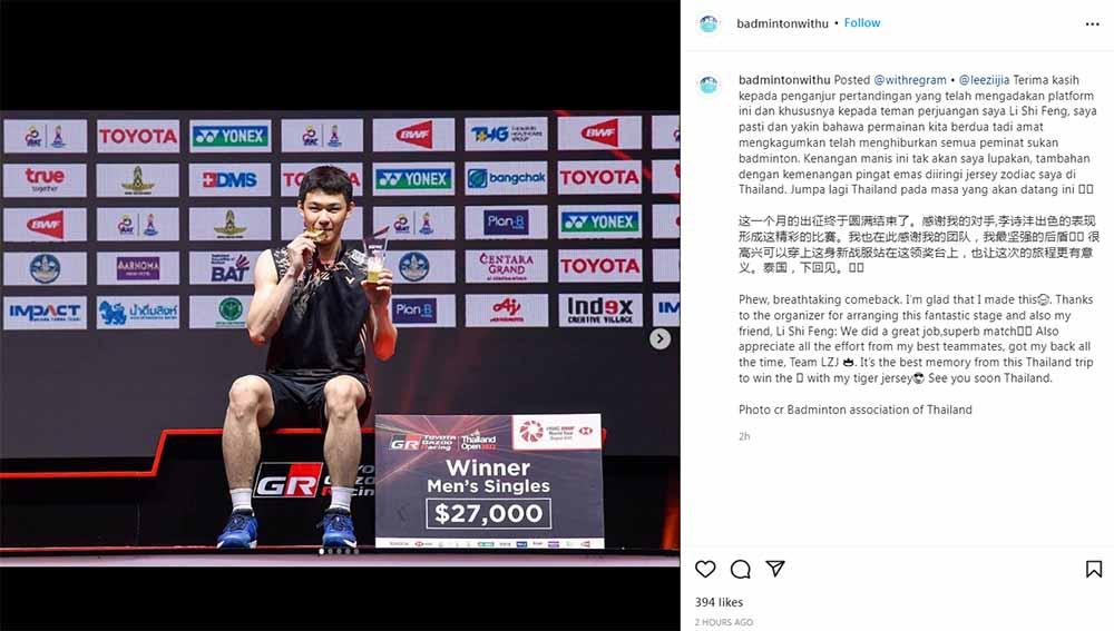Lee Zii Jia di podium Thailand Open 2022. Foto: Instagram@badmintonwithu - INDOSPORT