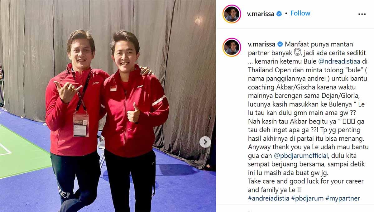 Legenda bulutangkis Indonesia, Vita Marissa, ungkap kegembiraan saat dia melakukan duet lagi dengan mantan partnernya, Andrei Adistia, di Thailand Open 2022.