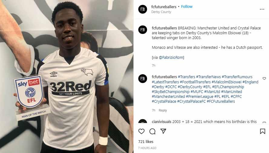 Malcolm Ebiowei, mantan pemain Derby County, yang lebih memilih berlabuh ke Crystal Palace daripada Manchester United.