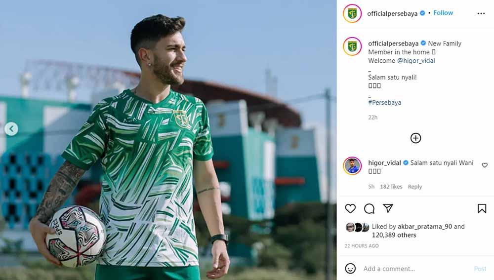 Pemain asing baru Persebaya Surabaya, Higor Filipe Vidal, membeberkan bakal mengenakan nomor keramat di Persebaya, yakni nomor 10. Foto: Instagram@officialpersebaya