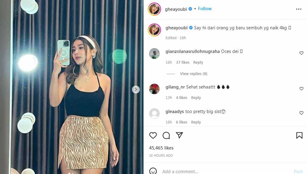 Unggah foto selfie saat berat badannya naik 4 kilogram pasca sakit, artis multitalenta sekaligus pegiat olahraga, Ghea Youbi, justru kian memikat netizen.