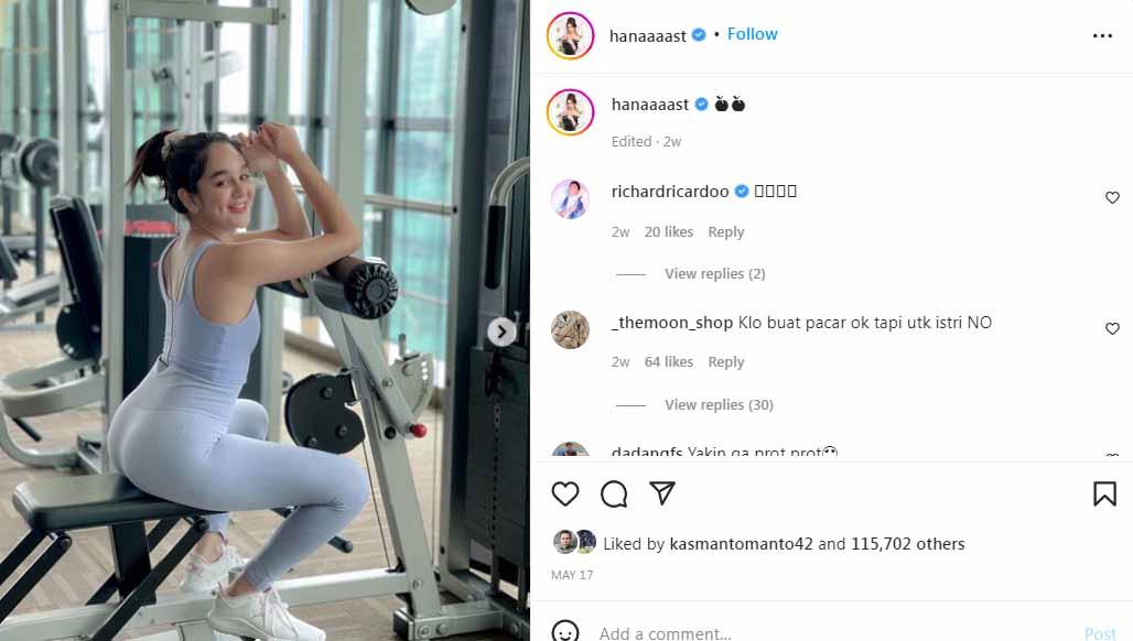 Artis Indonesia, Hana Hanifah, unggah pose seksi saat angkat beban di gym, lalu captionnya bernada curhatan, sukses menjadi sorotan netizen di instagramnya.