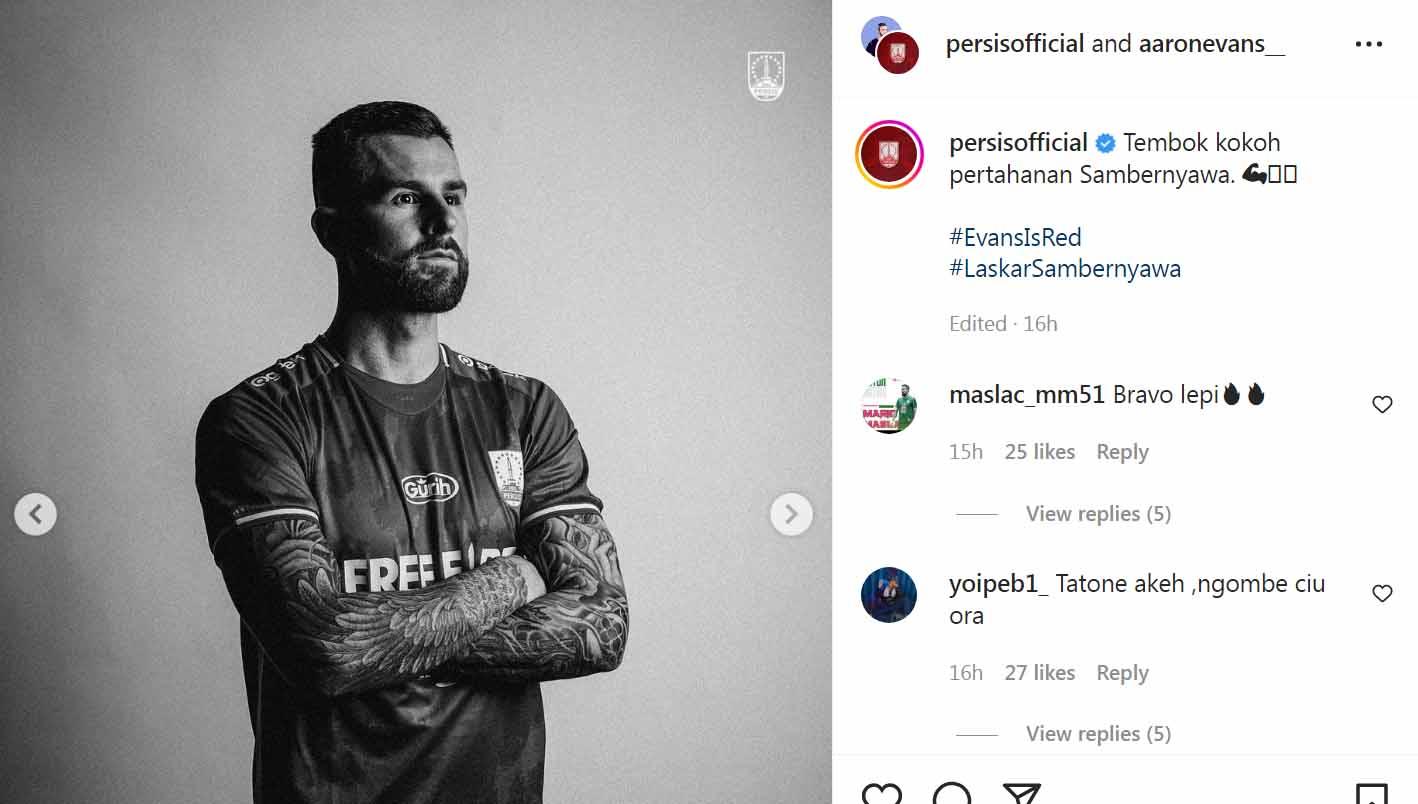Bek asing asal Australia, Aaron Evans, menaruh harapan tinggi usai memutuskan bergabung ke klub promosi Liga 1 2022-2023, Persis Solo. Foto: Instagram@persisofficial