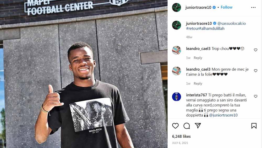 Gemilang bersama Sassuolo, Hamed Traore masuk dalam radar AC Milan di bursa transfer musim panas sebagai gelandang serang pengganti Brahim Diaz. Foto: Instagram@juniortraore10
